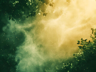 Obraz premium painting landscape of night forest with trees and fog in green and yellow tones, featuring vibrant hues and light effects, creating a dreamy and surreal atmosphere and visual fluorescent effect
