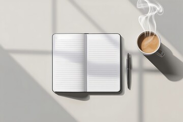 Open lined notebook with pen and steaming coffee cup on a light surface with window shadows pages blank