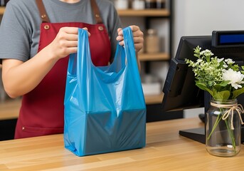Person holding a blue plastic shopping bag at checkout