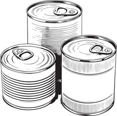 Cans, Canned Food, Disaster Relief Supplies Emergency Essentials Hand-drawn Sketch Drawing Vector Illustration, Line Linear Symbol Engraving Coloring Book, Black and White Isolated