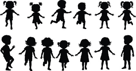 Children silhouette illustration, walking and running poses, black and white, hairstyle variety, movement study, kids activity, educational design