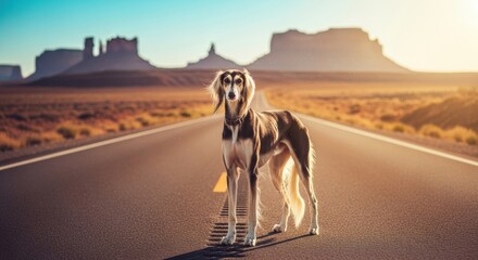 A regal saluki stands confidently in the middle of a wide open road, framed by dramatic desert landscapes and distant mountains under a golden sunset sky - dog with a long face
