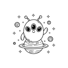 Cute Cartoon Alien Character with Planets in Outer Space Scene