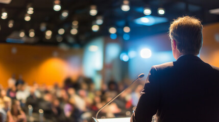 seminar. A professional speaker addressing an audience at a corporate event with stage lighting. pitch deck slides.