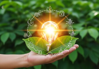Hand holding glowing light bulb with green leaves