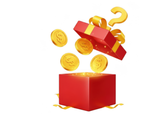 Open gift box with coins and question mark isolated on transparent background
