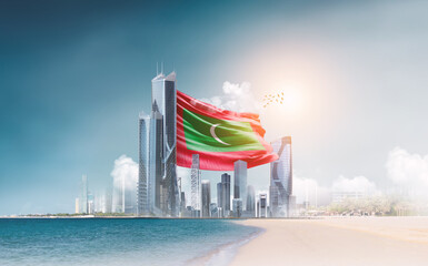 Maldives flag waving behind modern skyline. Maldives national flag for independence day.