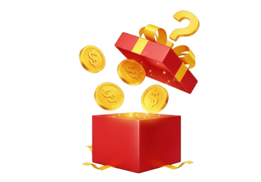 Open gift box with coins and question mark isolated on transparent background