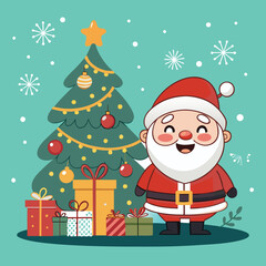 Cheerful Cartoon Santa Claus with Presents and a Decorated Christmas Tree on a Teal Snowy Background