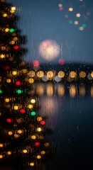 Rainy Window View of Christmas Tree Lights and Cityscape at Night.