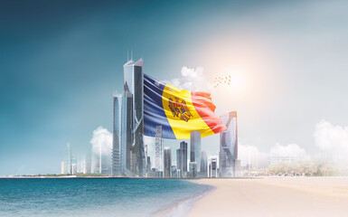 Moldova flag waving behind modern skyline. Moldova national flag for independence day.