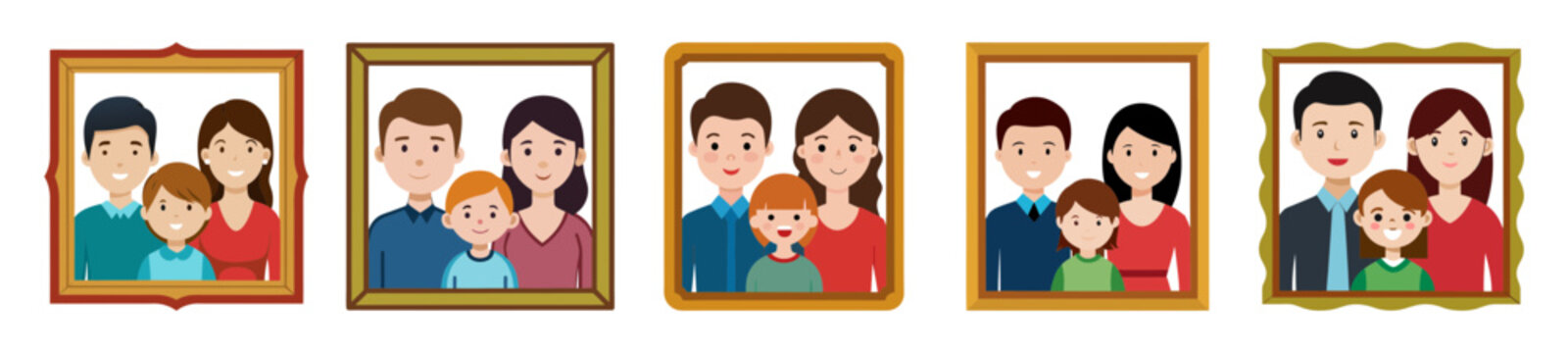 Collection of simple cartoon family portraits in frames