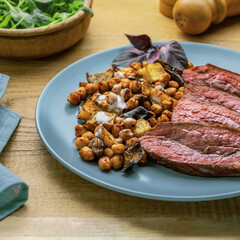 Medium Rare Steak with Herb Potatoes and Chickpeas