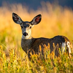 A deer stands in a field illuminated by golden sunlight