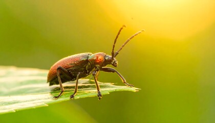 Close-up of a Red Milkweed Beetle on a Green Leaf.