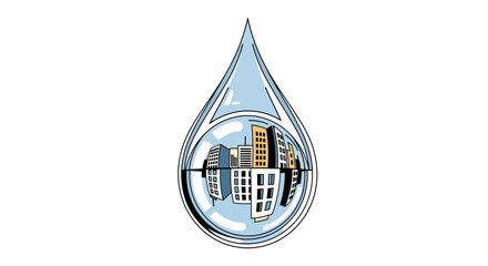 Water Drop Reflecting Urban Cityscape Illustration.