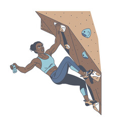 Woman Climbing Indoor Rock Wall for Exercise.