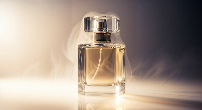 A luxurious glass perfume bottle standing on a reflective surface, surrounded by delicate wisps of mist and soft golden light. - Powered by Adobe