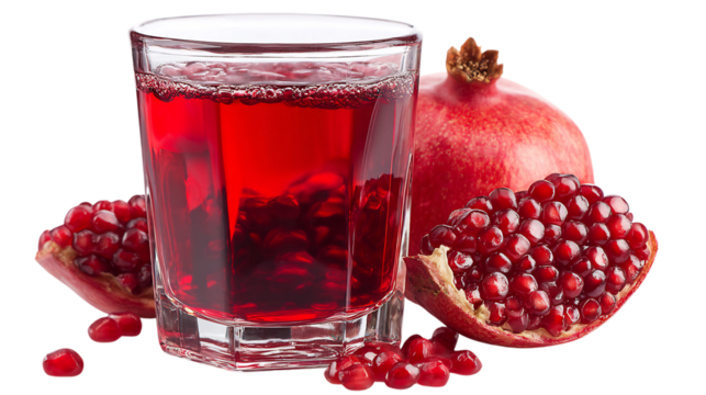 Fresh pomegranate juice in glass with ripe pomegranate fruit and seeds is a healthy and delicious beverage option