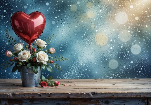 romantic floral arrangement with red heart balloon on rustic wood table against blurred bokeh lights for valentine's day or anniversary.
