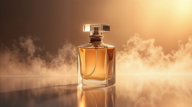 A luxurious glass perfume bottle standing on a reflective surface, surrounded by delicate wisps of mist and soft golden light.