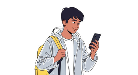 Young man using smartphone with backpack.