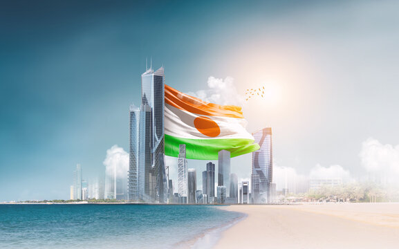 Niger flag waving behind modern skyline. Niger national flag for independence day.
