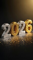 Sparkling gold and silver numbers for New Year 2026 celebration.