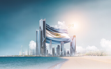 Nicaragua flag waving behind modern skyline. Nicaragua national flag for independence day.