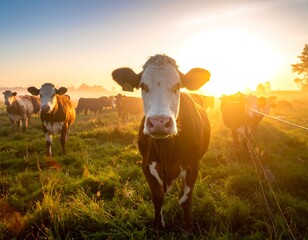 Cows Grazing in a Sunny Meadow at Sunrise.