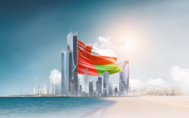 Oman flag waving behind modern skyline. Oman national flag for independence day.