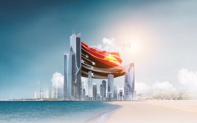 Papua New Guinea flag waving behind modern skyline. Papua New Guinea national flag for independence day.