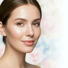 Obraz premium Natural beauty portrait with clear skin and soft floral background