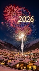Spectacular 2026 New Year Fireworks Over Snowy Mountain Village at Night.