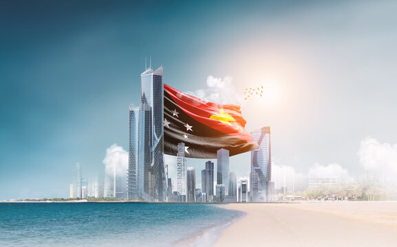 Papua New Guinea flag waving behind modern skyline. Papua New Guinea national flag for independence day. - Powered by Adobe
