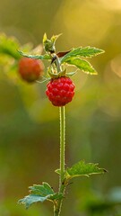 Close-up of a ripe red raspberry growing on a plant in nature.