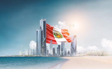 Peru flag waving behind modern skyline. Peru national flag for independence day.