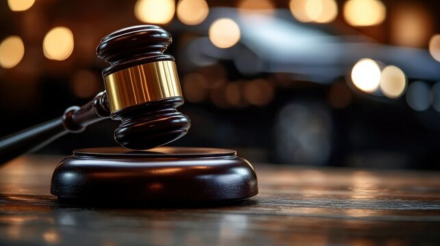 A wooden gavel rests on a polished surface, symbolizing justice and authority, amidst a blurred background of soft lights.