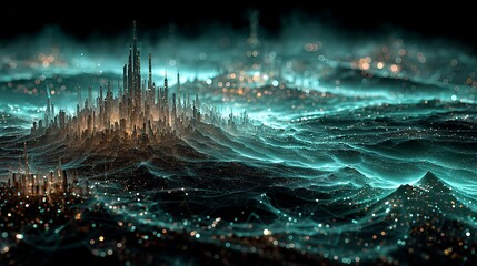 Glowing futuristic cityscape in a digital sea. Abstract concept of technology, network, and data flow.