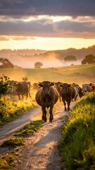 Cows walking on a path during a golden sunset in the countryside.