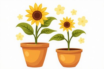 Obraz premium Two bright sunflowers in clay pots on a white background