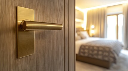Obraz premium Elegant Door Handle Close-Up in Modern Bedroom Setting with Soft Lighting and Cozy Atmosphere, Highlighted by Stylish Furnishings and Contemporary Design