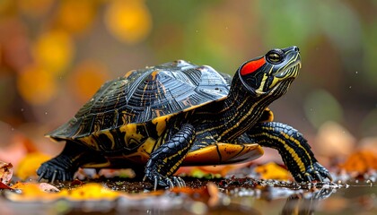 Obraz premium A red-eared turtle standing near water with autumn leaves
