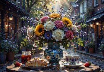 Fototapeta premium rustic breakfast with vibrant flower arrangement in charming european street scene.