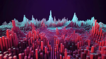 Abstract 3D digital landscape fly-through. Red teal data wave loop - Powered by Adobe