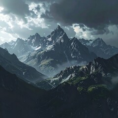 A dramatic landscape featuring towering, rugged peaks