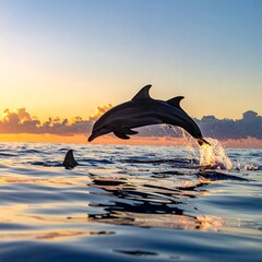 A dolphin leaps from ocean water against a beautiful sunset