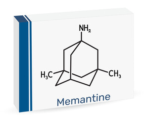 Memantine molecule, NMDA receptor antagonist. Skeletal chemical formula. Paper packaging for drugs. Vector illustration