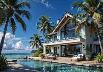 Obraz premium luxury beach house with infinity pool and palm trees on tropical coastline.