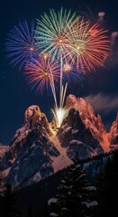 Spectacular Fireworks Exploding Over Majestic Snow-Capped Mountains at Night.